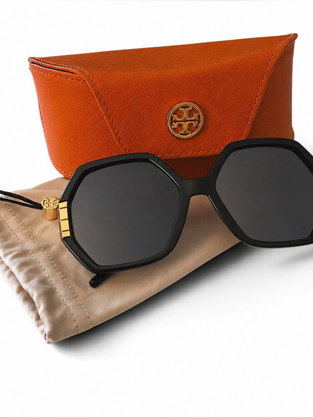 Tory Burch TY9062U Geometric Oversized Sunglasses Black & Gold w/ Case